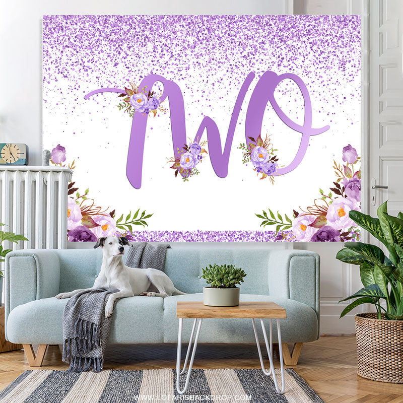 Lofaris Purple Dots And Flowers Happy 2Nd Birthday Backdrop