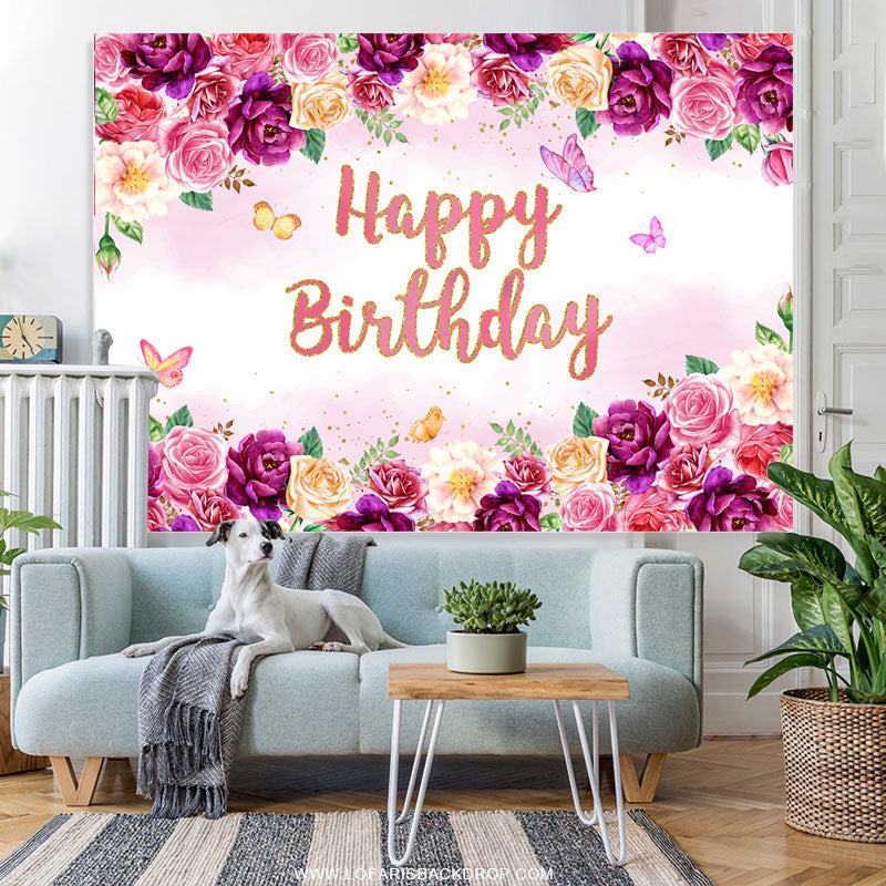 Lofaris Purple Floral And Butterfly Happy Birthday Backdrop