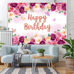 Lofaris Purple Floral And Butterfly Happy Birthday Backdrop