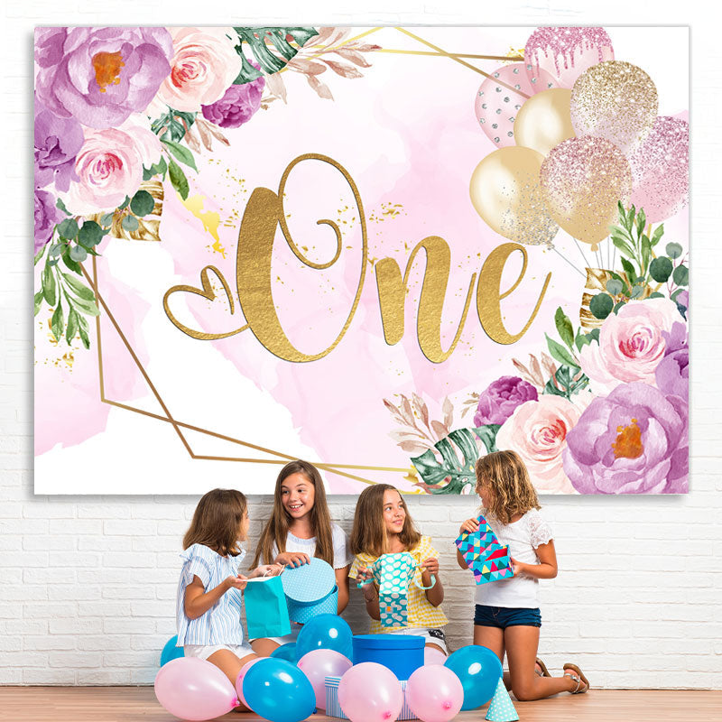 Lofaris Purple Floral And Glitter Ballons 1st Birtdhay Backdrop