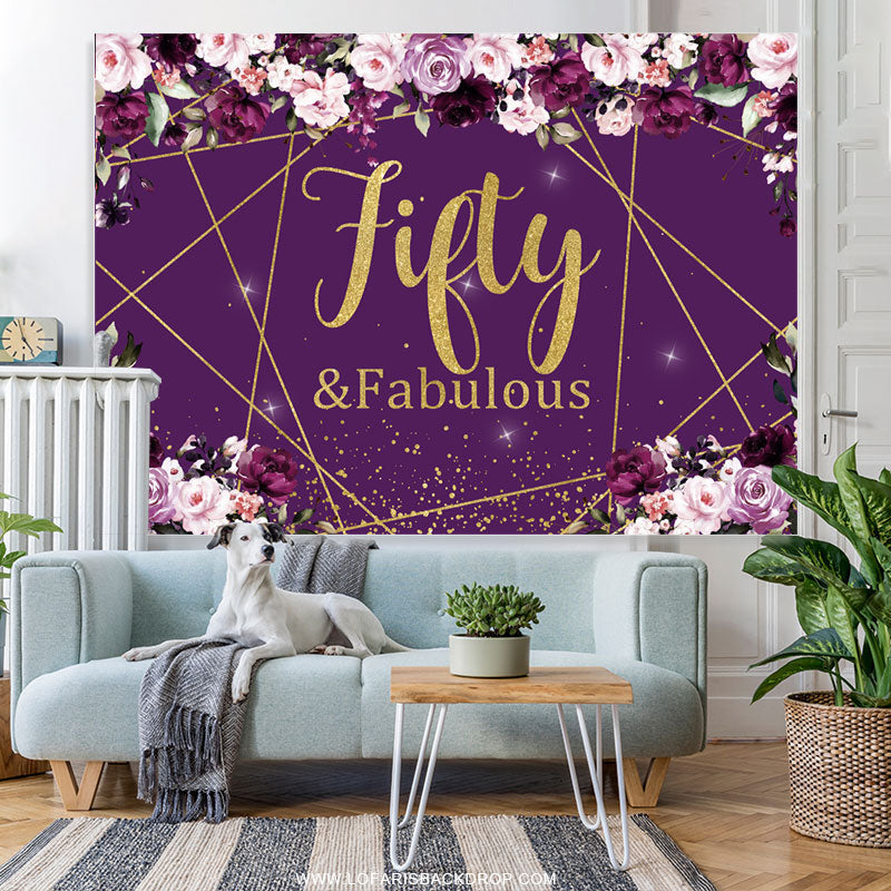 Lofaris Purple Floral And Gold Glitter Fifty Birthday Backdrop