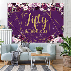 Lofaris Purple Floral And Gold Glitter Fifty Birthday Backdrop