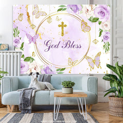 Lofaris Purple Floral Glitter God Bless Baby Shower Backdrop