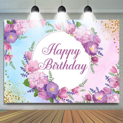 Lofaris Purple Floral Glitter Happy Birthday Backdrop Banner