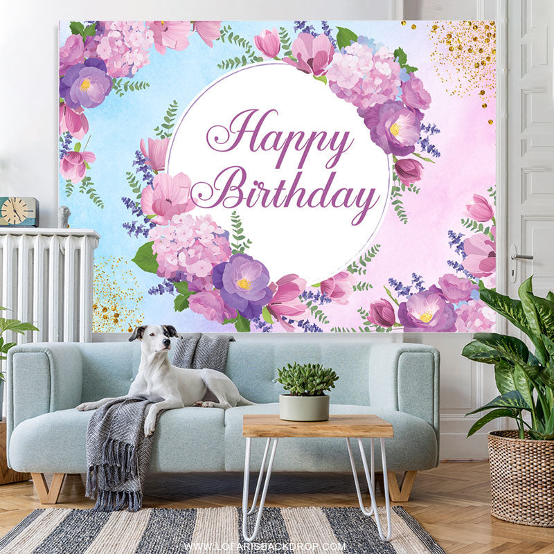 Lofaris Purple Floral Glitter Happy Birthday Backdrop Banner
