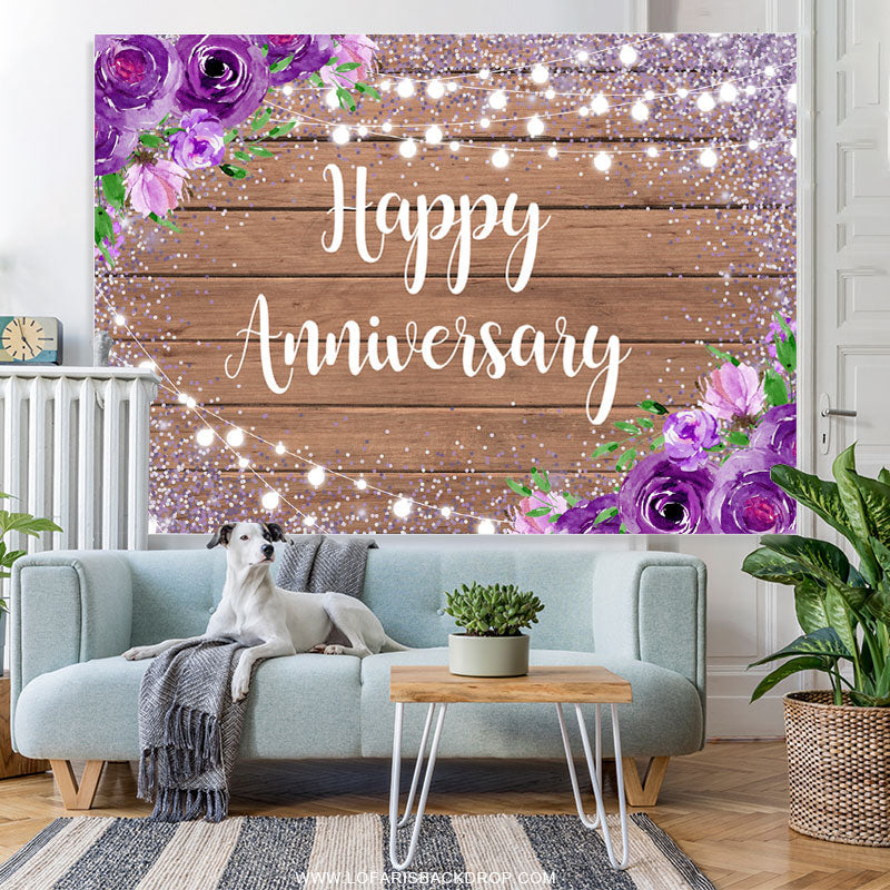 Lofaris Purple Floral Glitter Wood Happy Birthday Backdrop
