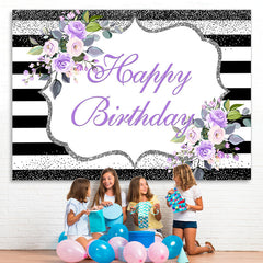 Lofaris Purple Floral Happy Birthday Glitter Stripes Party Backdrop