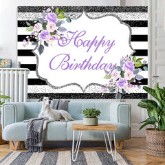 Lofaris Purple Floral Happy Birthday Glitter Stripes Party Backdrop