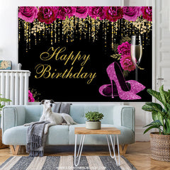 Lofaris Purple Floral Heels Gold Glitter Happy Birthday Backdrop