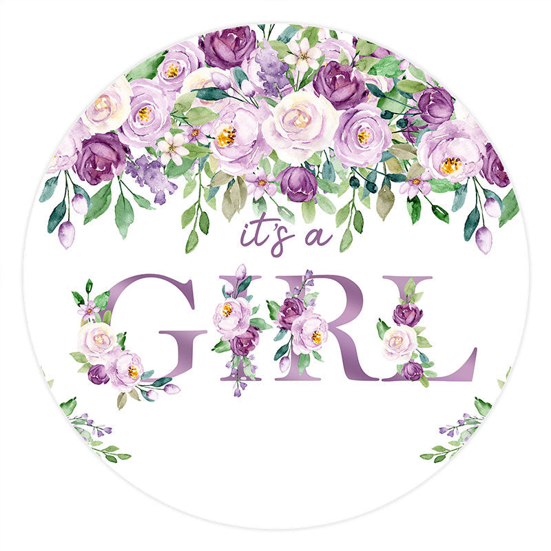 Lofaris Purple Floral Its A Girl Round Baby Shower Backdrop