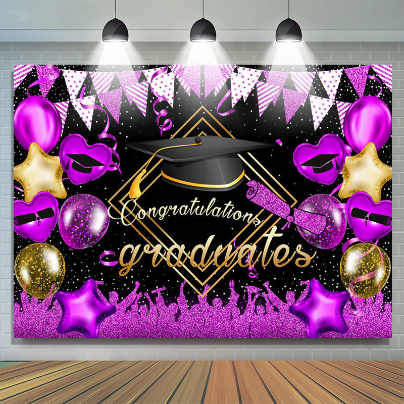 Lofaris Purple Glitter Ballons And Flags Graduates Backdrop