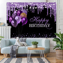 Lofaris Purple Glitter Balloons Black Happy Birthday Backdrop