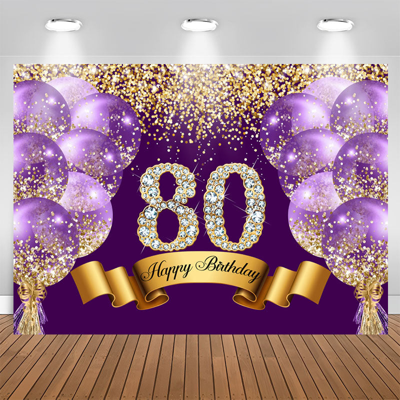 Lofaris Purple Glitter Diamond Balloon 80th Birthday Backdrop