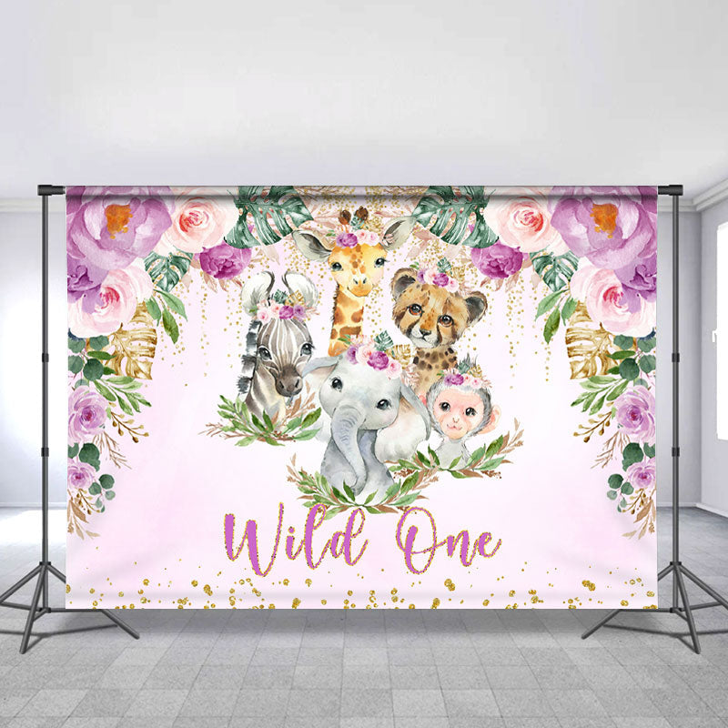 Lofaris Purple Glitter Floral Safari Wild One Birthday Backdrop