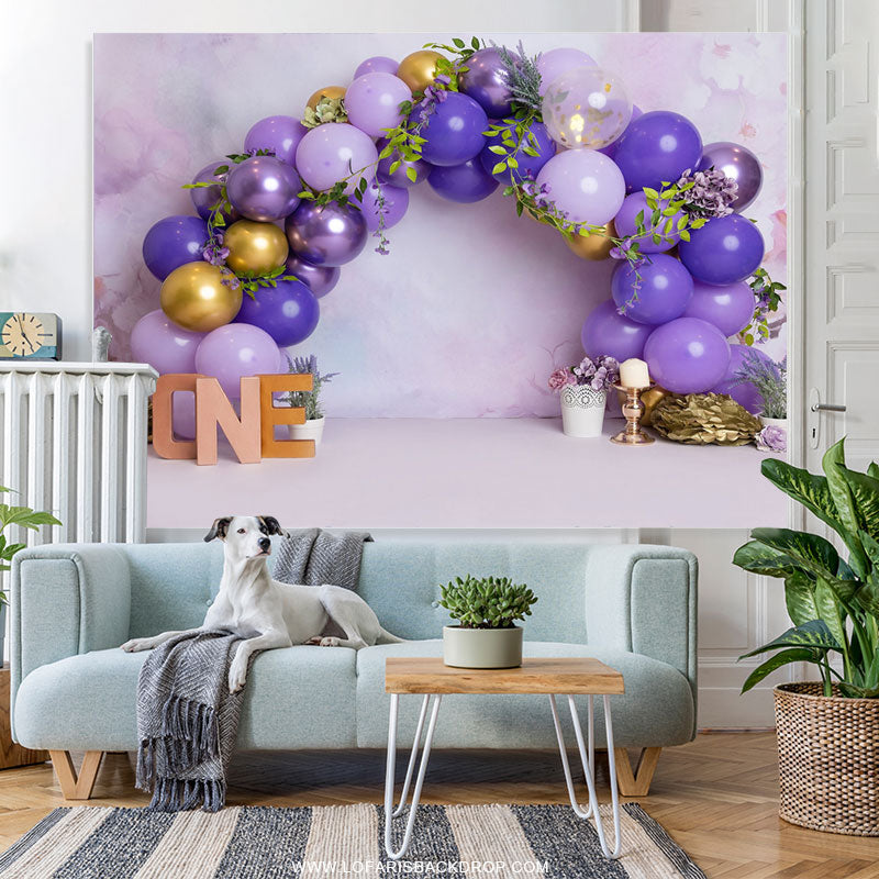 Lofaris Purple Gold Balloons Leaves One Happy Birthday Backdrop