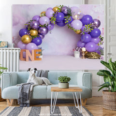 Lofaris Purple Gold Balloons Leaves One Happy Birthday Backdrop