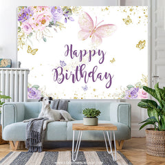 Lofaris Purple Gold Glitter Butterfly Happy Birthday Backdrop