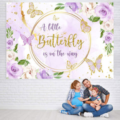 Lofaris Purple Golden Flowers Butterfly Baby Shower Backdrop