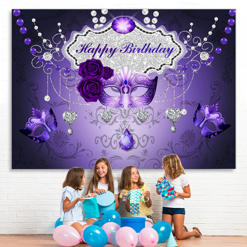 Lofaris Purple Mask Rose Silver Love Happy Birthday Backdrop