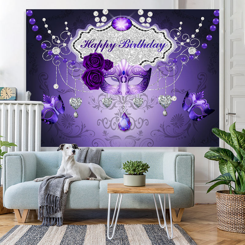 Lofaris Purple Mask Rose Silver Love Happy Birthday Backdrop