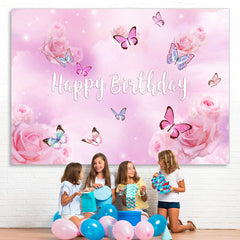 Lofaris Purple Pink Butterfly Floral Happy Birthday Backdrop