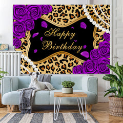 Lofaris Purple Rose Leopard Glitter Happy Birthday Backdrop