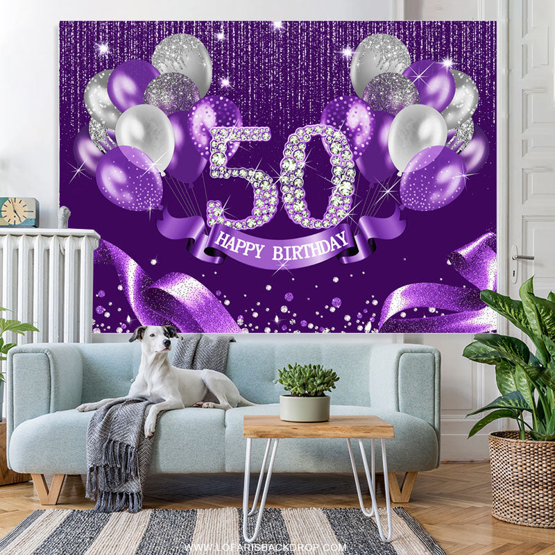 Lofaris Purple Silver Ribbion Happy 50Th Birthday Backdrop