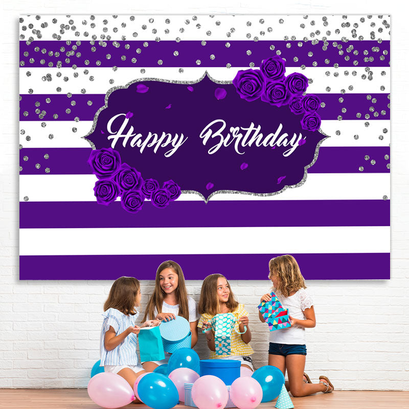 Lofaris Purple Stripes Rose Happy Birthday Backdrop for Girl