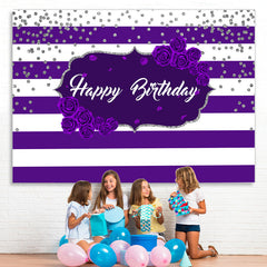 Lofaris Purple Stripes Rose Happy Birthday Backdrop for Girl
