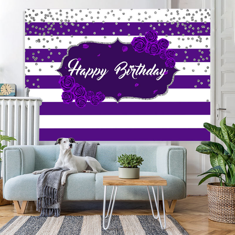 Lofaris Purple Stripes Rose Happy Birthday Backdrop for Girl