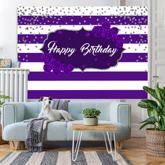 Lofaris Purple Stripes Rose Happy Birthday Backdrop for Girl