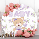 Lofaris Purple Teddy Bear And Floral Round Baby shower Backdrop