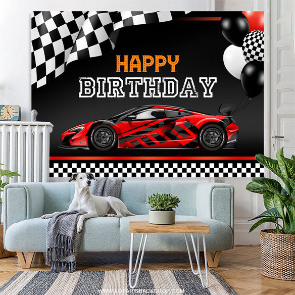 Lofaris Racing Car Theme Balloons Black Happy Birthday Backdrop