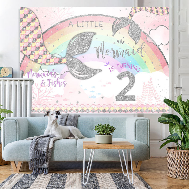 Lofaris Rainbow and Little Mermaid Girl 2rd Birthday Backdrop