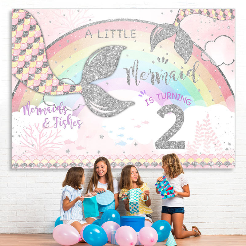 Lofaris Rainbow and Little Mermaid Girl 2rd Birthday Backdrop