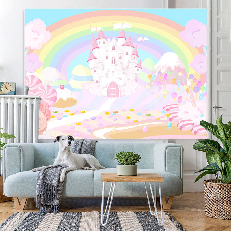 Lofaris Rainbow And Pink Castle Wonderland Birthday Backdrop