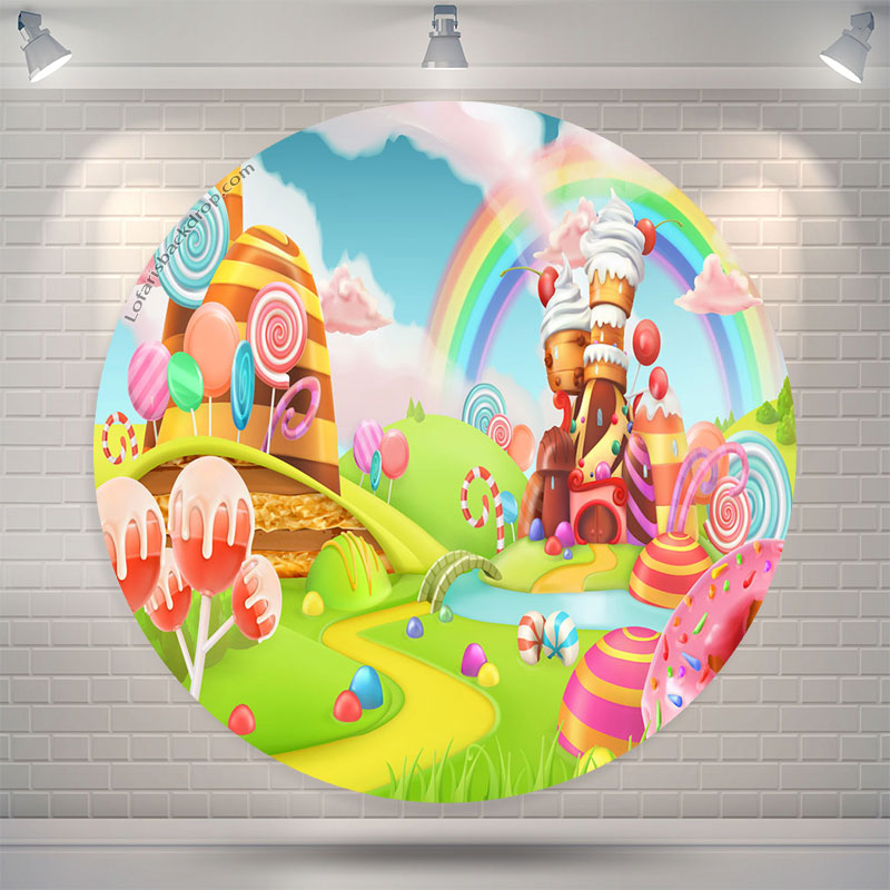Lofaris Rainbow Cloud Candy World Round Birthday Backdrop