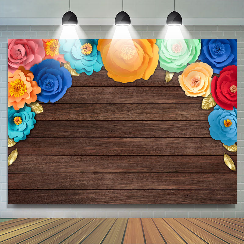 Lofaris Rainbow Paper Flower Brown Wood Dance Party Backdrop