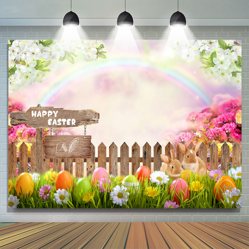 Lofaris Rainbow Rabbit Floral Happy Easter Day Backdrop