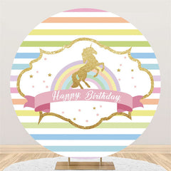 Lofaris Rainbow Stripe Gold Horse Happy Birthday Round Backdrop