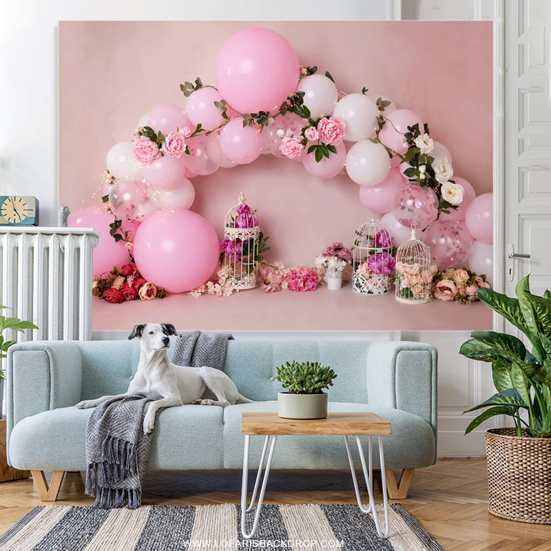 Lofaris Realistic Balloon Pink Flower Happy Birthday Backdrop