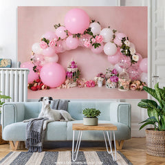 Lofaris Realistic Balloon Pink Flower Happy Birthday Backdrop