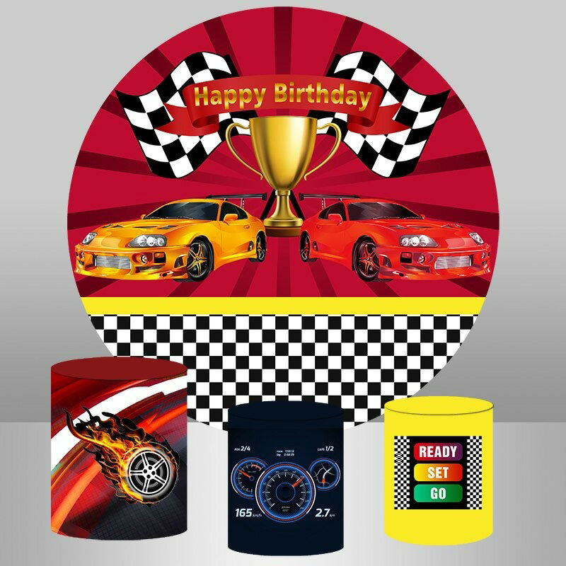 Lofaris Red And Orange Cars Round Happy Birthday Backdrop Kit