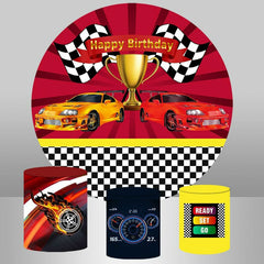 Lofaris Red And Orange Cars Round Happy Birthday Backdrop Kit
