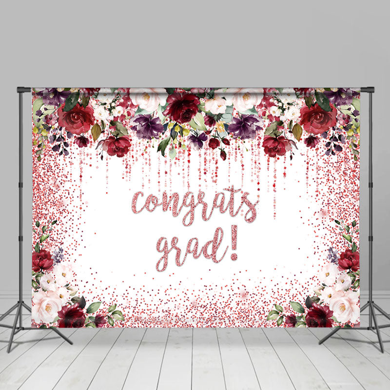 Lofaris Red And Pink Floral Glitter Congrats Grad Backdrop
