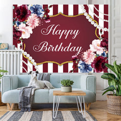 Lofaris Red And White Line With Floral Gold Birthday Backdrop