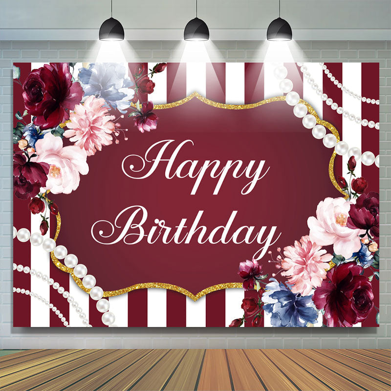 Lofaris Red And White Line With Floral Gold Birthday Backdrop
