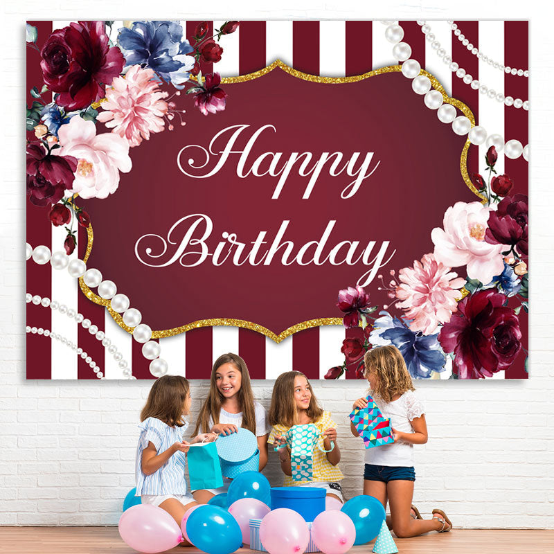 Lofaris Red And White Line With Floral Gold Birthday Backdrop