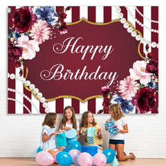 Lofaris Red And White Line With Floral Gold Birthday Backdrop