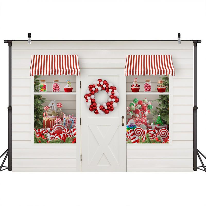 Lofaris Red And White Wreath Window Door Christmas Theme Backdrop